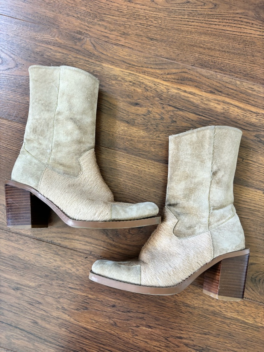 Suede Mid-Calf Heeled Boots in Tan